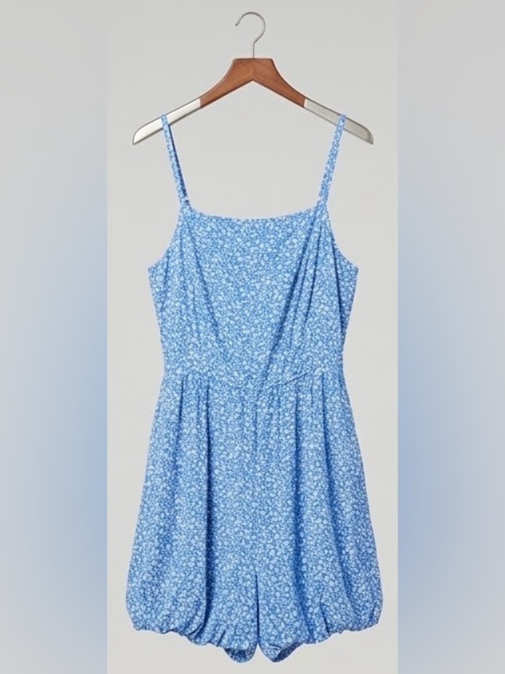 Blue Floral Spaghetti-Strap women’s romper.